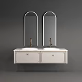 Modern Bathroom Vanity With Double Sinks Arch Mirrors And Marble Countertop