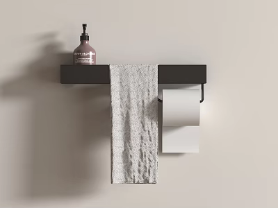 Black Bathroom Organizer Shelf With Hand Soap Dispenser Gray Towel And Toilet Paper Roll 3d model