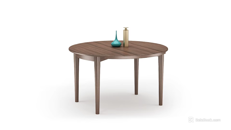 Round Wooden Dining Table With Slender Legs And Blue Gold Vases 3d model