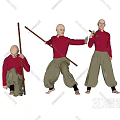 3D Bald-headed Men in Red Shirts and Light-colored Pants Performing Various Actions with Long Stick