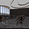Luxury Modern Restaurant Interior With Marble Flooring Circular Chandelier Large Windows Open Layout Dining Tables Chairs