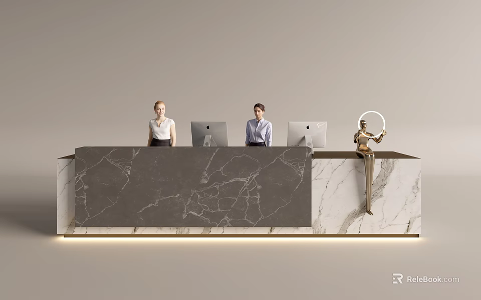 Modern Reception Desk With Marble Countertop Two Staff Members And Computers 3d model