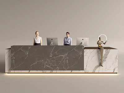 Modern Reception Desk With Marble Countertop Two Staff Members And Computers 3d model