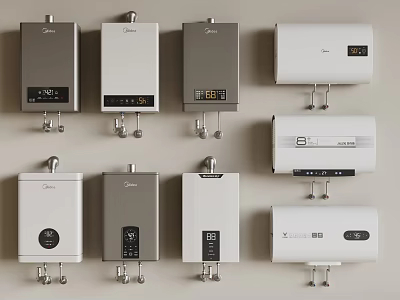 Modern Wall Mounted Water Heaters In White Silver With Various Designs And Control Panels 3d model