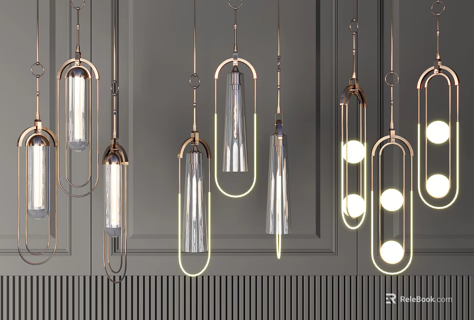 Modern Hanging Pendant Lights With Metal Frames And Glass Shades Design 3d model 