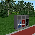 Outdoor Sorted Trash Bin With Blue Red Black Compartments On Green Lawn And Trees