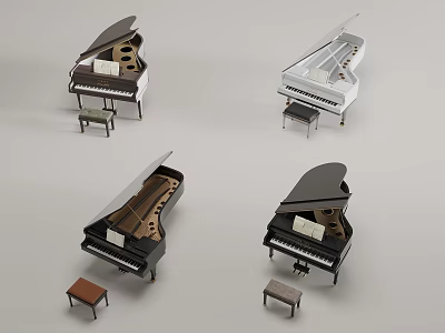 Piano Room Interior With Various Style Grand Pianos And Matching Stools 3d model