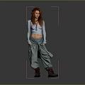 Red Haired Woman In Light Blue Crop Top Green Baggy Pants Brown Boots Gray Backdrop