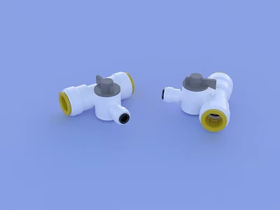 Two White Plastic Pipe Fittings With Yellow Connectors And Gray Knobs 3d model