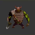 Detailed Green Skinned Horned Armored Fantasy Character Holding Battle Axe