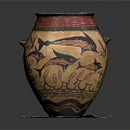 Traditional Ceramic Vase With Red Yellow Surface And Fish Leaf Patterns On White Base