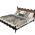 Vintage Double Bed With Scalloped Headboard Dark Frame Patterned Bedding And Pillows 3d model