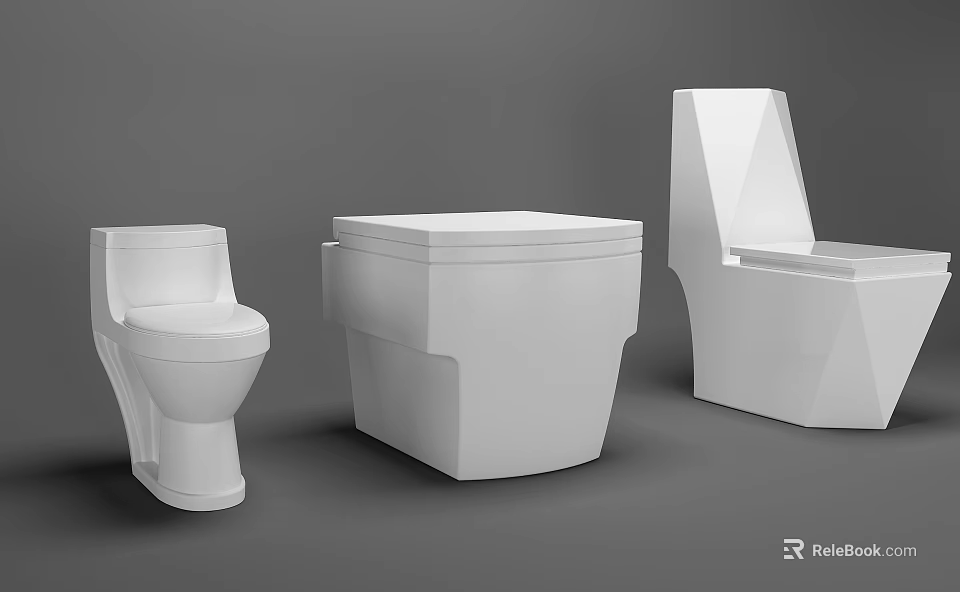 Three Modern White Toilets With Different Designs On Gray Background 3d model 