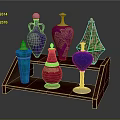 Colorful Decorative Perfume Bottles With Various Shapes And Metallic Accents On Wooden Shelf