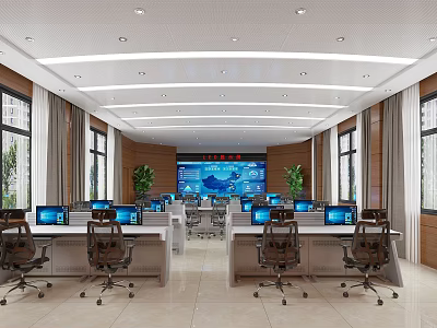 Modern Control Room With Multiple Computer Monitors Large Display Screen Control Desks Windows And Plants 3d model