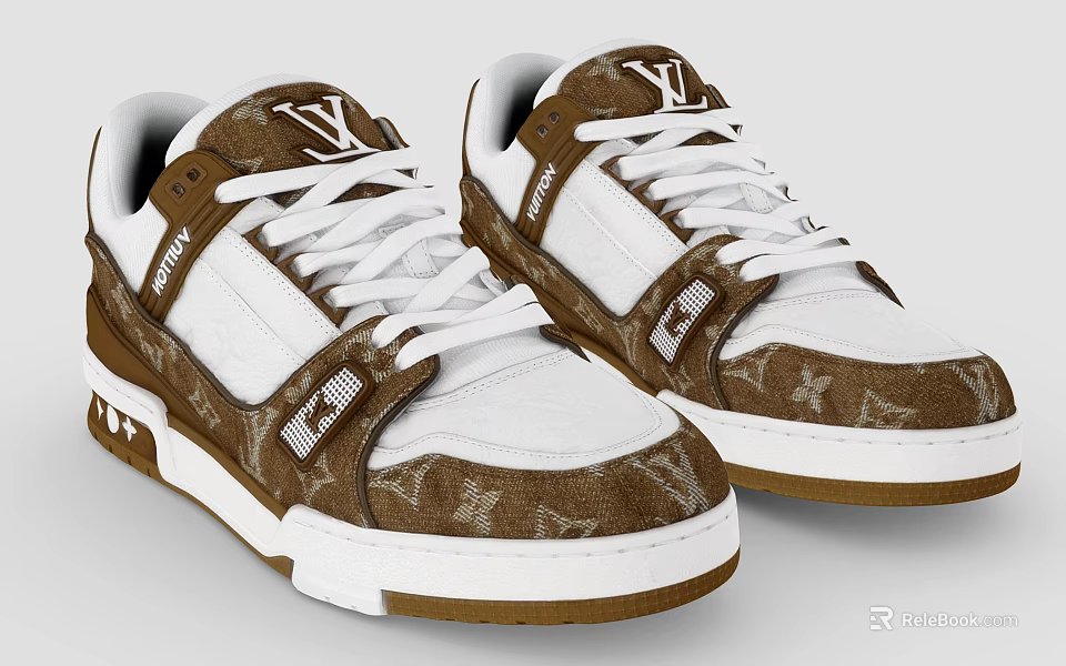 Louis Vuitton Brown And White Sneakers With Logo Design 3d model 