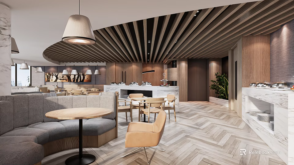 Modern Hotpot Restaurant Interior Featuring Curved Wooden Ceiling Grey Booth Sofas And Herringbone Flooring 3d model 