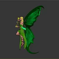 Fantasy Game Movie Character With Green Wings Blonde Hair Flowing Green Outfit And Yellow Flower 3d model
