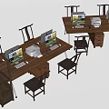 Wooden Office Desks Setup With Computers Printers Chairs And Drawers 3d model