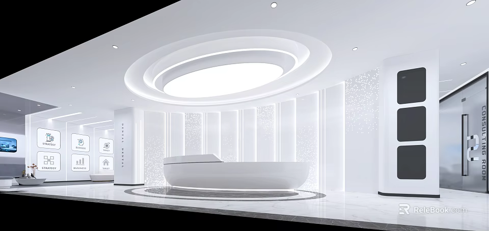 Modern White Hospital Outpatient Clinic Interior With Reception Desk And Circular Ceiling Light 3d model 