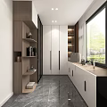 Modern Walk in Closet Interior With White Cabinets Glass Doors And Wooden Shelves