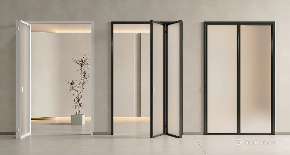 Modern Interior Folding Glass Doors With Black Frame In Open And Closed States 3d model 