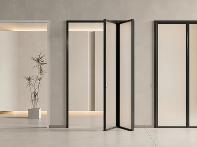 Modern Interior Folding Glass Doors With Black Frame In Open And Closed States 3d model