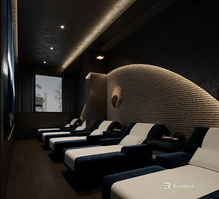 Serene SPA Sauna Interior With Blue White Loungers Woven Wall Recessed Lighting And Ceiling Spotlights 3d model 