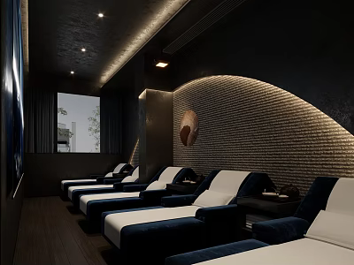 Serene SPA Sauna Interior With Blue White Loungers Woven Wall Recessed Lighting And Ceiling Spotlights 3d model