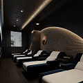 Serene SPA Sauna Interior With Blue White Loungers Woven Wall Recessed Lighting And Ceiling Spotlights