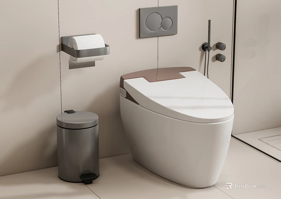 Modern White Toilet With Wall Mounted Toilet Paper Holder And Trash Can 3d model 