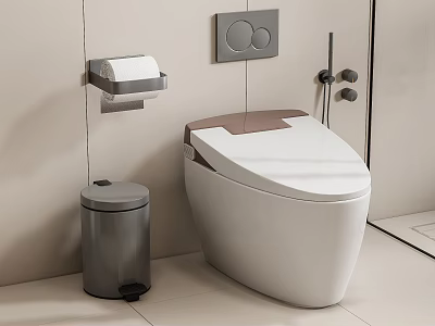 Modern White Toilet With Wall Mounted Toilet Paper Holder And Trash Can 3d model