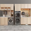 Modern Laundry Room With Front Loading Washing Machines And Wooden Cabinets