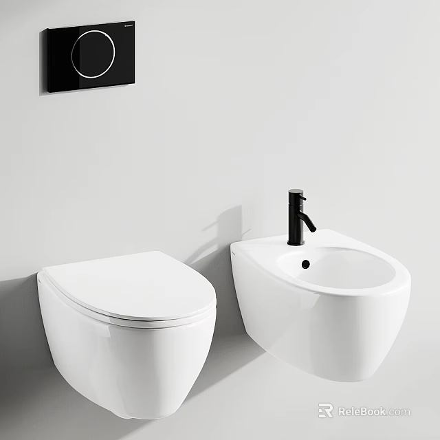 Wall Mounted White Toilet With Bidet And Black Faucet In Modern Bathroom 3d model 