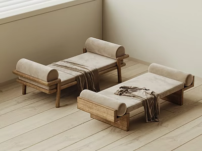 Minimalist Wooden Frame Sofa Stools With Beige Cushions And Throw Blankets On Wooden Floor 3d model