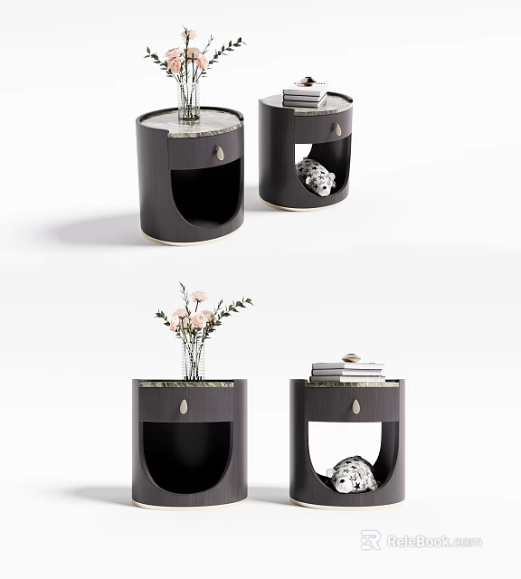 Modern Dark Bedside Tables With Marble Top Vase Flowers Books And Open Compartment 3d model 