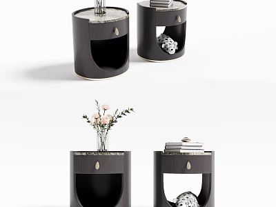 Modern Dark Bedside Tables With Marble Top Vase Flowers Books And Open Compartment 3d model