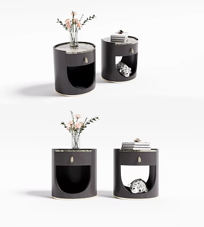 Modern Dark Bedside Tables With Marble Top Vase Flowers Books And Open Compartment 3d model