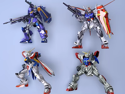 Detailed Robot Models In Various Action Poses With Weapons And Colorful Designs 3d model