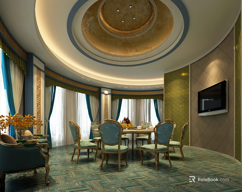 Luxurious Private Dining Room With Round Table Blue Chairs Green Curtains Golden Ceiling And TV 3d model 