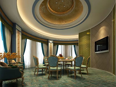 Luxurious Private Dining Room With Round Table Blue Chairs Green Curtains Golden Ceiling And TV 3d model