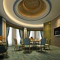 Luxurious Private Dining Room With Round Table Blue Chairs Green Curtains Golden Ceiling And TV
