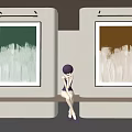 Abstract Paintings on Walls with Purple Hat Figure Seated on Bench Green Brown White Brushstroke