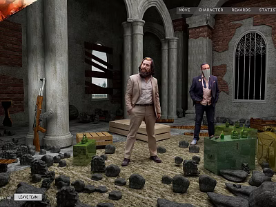 Cartoon Scene of Two Suited Men Standing in Ruined Building with Columns Stones and Crates 3d model