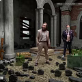 Cartoon Scene of Two Suited Men Standing in Ruined Building with Columns Stones and Crates