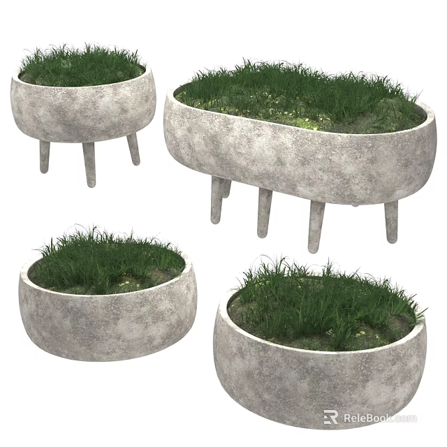 Concrete Bonsai Planters With Legs Various Shapes And Small Green Plants 3d model 
