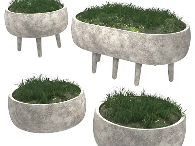 Concrete Bonsai Planters With Legs Various Shapes And Small Green Plants 3d model