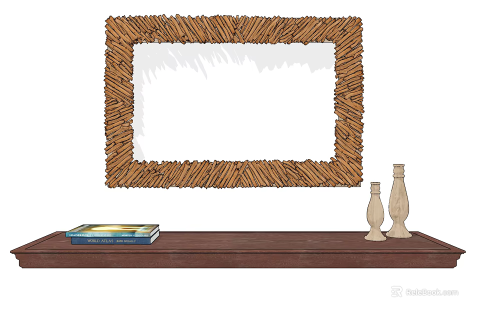 Wooden Framed Mirror On Wooden Shelf With Books And Vases 3d model 