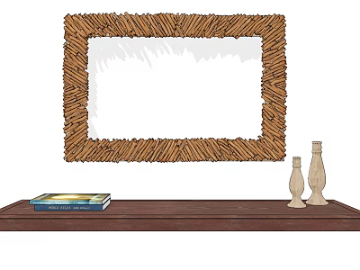 Wooden Framed Mirror On Wooden Shelf With Books And Vases 3d model