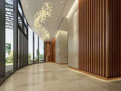 Modern Hotel Lobby With Wooden Panel Walls Large Glass Windows And Contemporary Hanging Chandelier 3d model